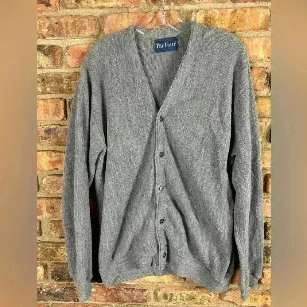 VTG Par‎ Four Sweater Men L Gray Button Front Golf  Cardigan